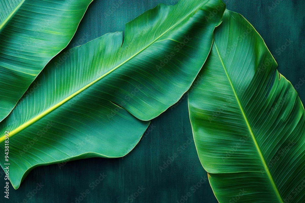 Obraz premium Three Vibrant Green Banana Leaves on a Teal Background