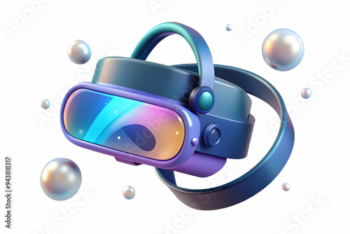 Flat Suspended VR headset with holographic projections on an isolated white background concept as A VR headset floating mid air with holographic projections extending from the lenses all isolated on a