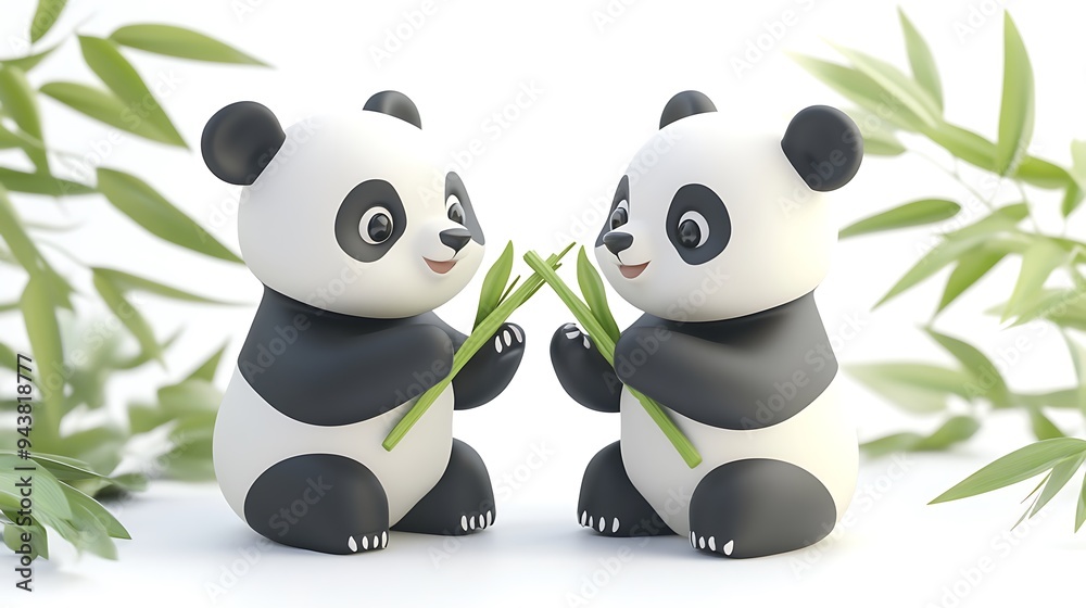 Naklejka premium Playful Claymation Pandas Enjoying Bamboo Snack on White Background