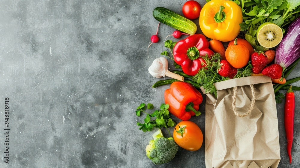 Vegetables and fruits background. Top view of a paper bag with fresh vegetables and fruits on a gray concrete background. Colorful rainbow of fruits and vegetables.