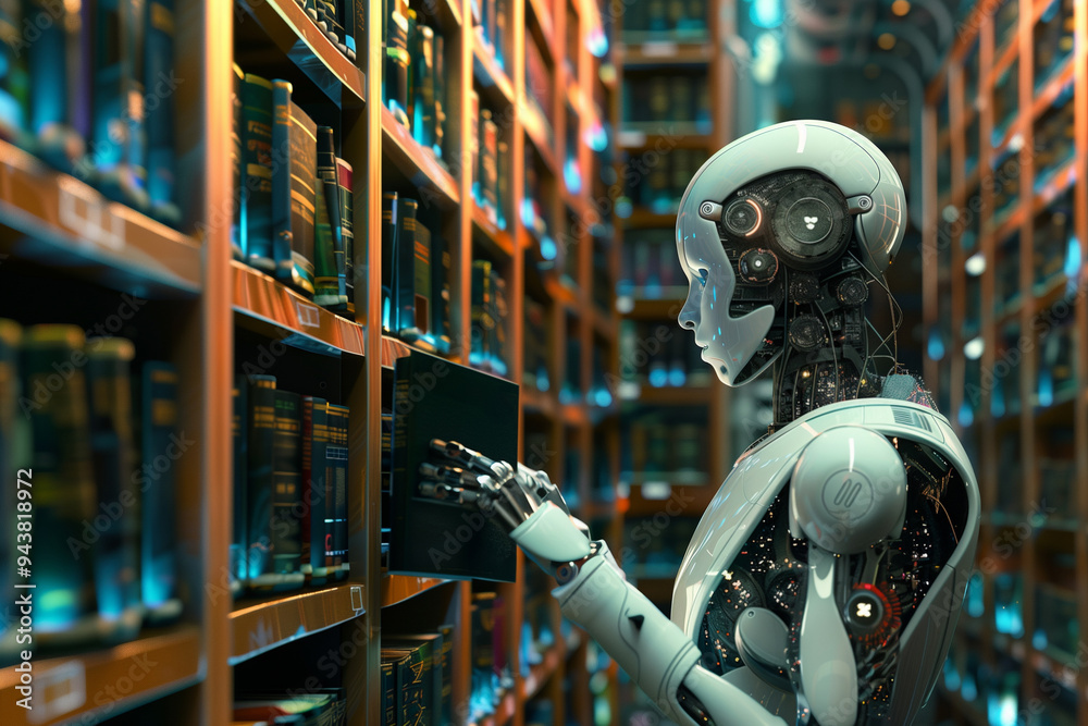 A robot librarian organizing and retrieving books in a futuristic library.A robot is currently standing in a library and is observing books A robot librarian organizing and retrieving books in a futuristic library.A robot is currently standing in a library and is observing books