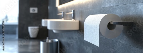 Toilet paper positioned on a restroom fixture for use easily disposed of in a bin 3D rendering photo