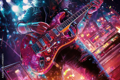 High-Energy Rock Performance with a Dynamic Guitar Solo Igniting the Stage with Passion and Colorful Light Effects.