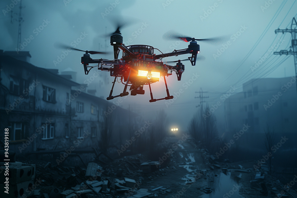 Autonomous drones delivering emergency supplies to disaster-stricken areas.A drone is quietly flying high over a city illuminated at night Autonomous drones delivering emergency supplies to disaster-stricken areas.A drone is quietly flying high over a city illuminated at night