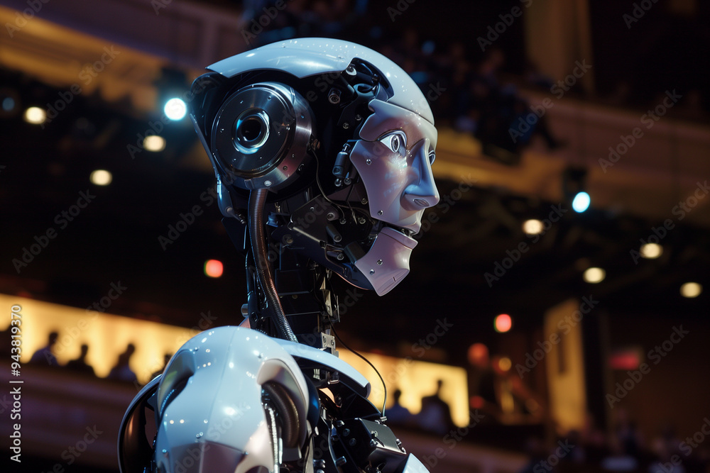 Robot actors performing in theater productions and on-screen performances.A robot is currently standing on a stage in front of a large crowd Robot actors performing in theater productions and on-screen performances.A robot is currently standing on a stage in front of a large crowd