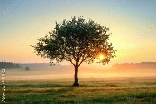 Beautiful Sunrise Glow Behind Small Tree in Open Field