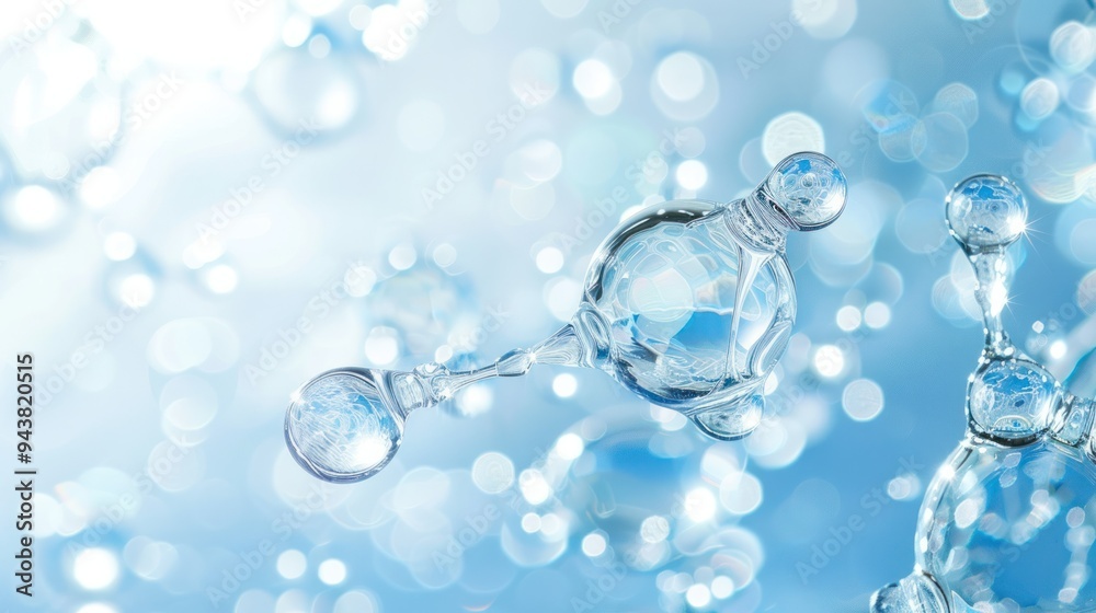 Water molecules and closeup of water on a light blue white gradient background, light gray tone, transparent glass material. Water molecules and closeup of water on a light blue white gradient background, light gray tone, transparent glass material.