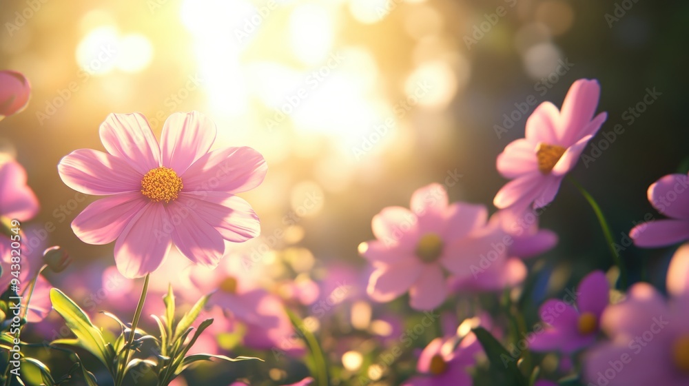 Pink Cosmos Flower in the Garden beautiful 3D cartoon rendering with sunlight illuminating the background Pink Cosmos Flower in the Garden beautiful 3D cartoon rendering with sunlight illuminating the background