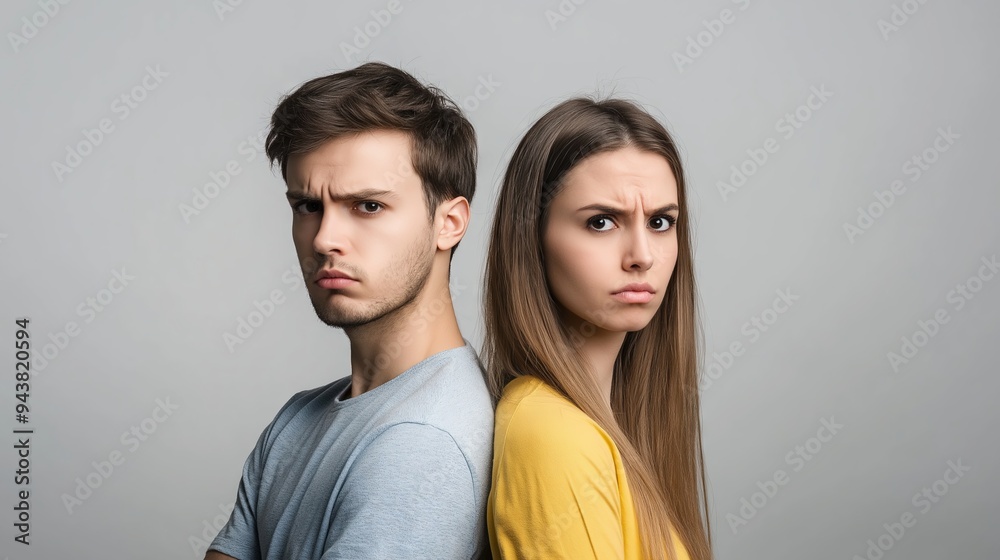 Young couple standing back to back, both with arms crossed and serious expressions.

