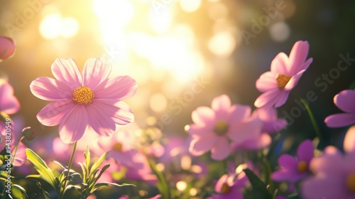 Pink Cosmos Flower in the Garden beautiful 3D cartoon rendering with sunlight illuminating the background