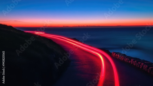 Sunrise over the ocean with a red light trail illuminating a coastal footpath, creating a magical morning scene.