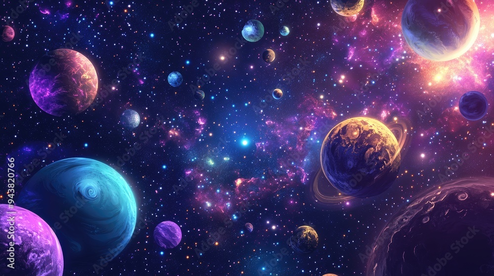 2D illustration featuring a 3D cartoon rendering Background of deep interstellar space with bright flashing stars planets moons and comets Various imaginative science fiction backdrops Space art