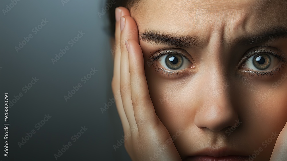 Close-up of a woman's face showing fear and anxiety, with wide eyes and furrowed brows.
Close-up of a woman's face showing fear and anxiety, with wide eyes and furrowed brows.