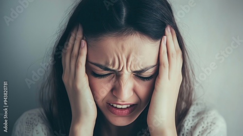 Woman with closed eyes and furrowed brow, pressing her temples in pain or frustration.