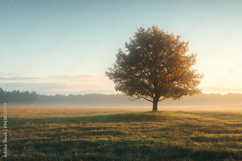 Scenic Sunrise with Small Tree in Open Field Scenic Sunrise with Small Tree in Open Field