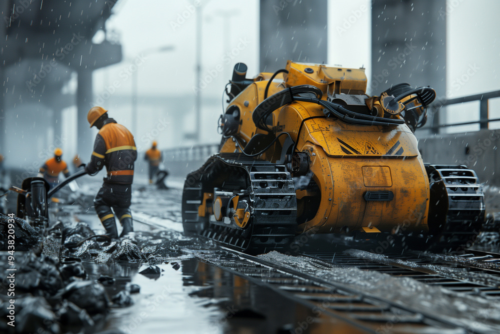 Robot repair crews maintaining infrastructure like bridges and roads.Construction workers are working on a road under a bridge