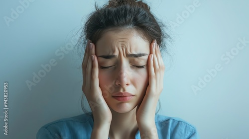 Woman pressing her temples with closed eyes, expressing pain or stress.