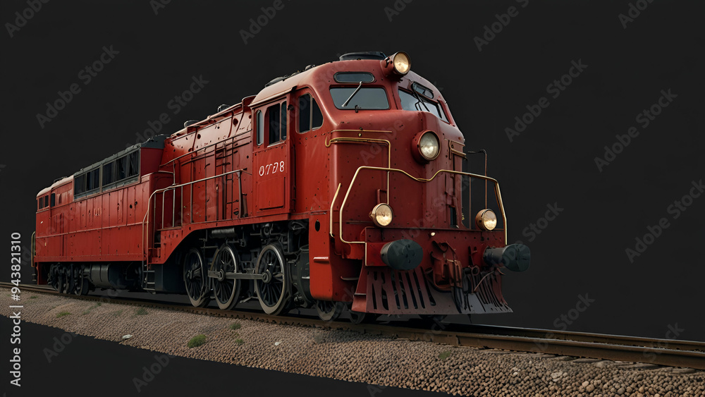 Fototapeta premium Vintage red locomotive on railway, symbolizing classic travel and industry, Red old vintage retro classic historic locomotive train on railway road