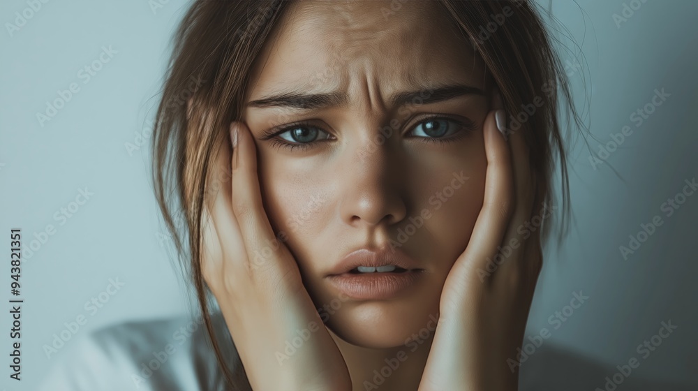Young woman holding her face in distress, conveying anxiety and emotional struggle.
Young woman holding her face in distress, conveying anxiety and emotional struggle.