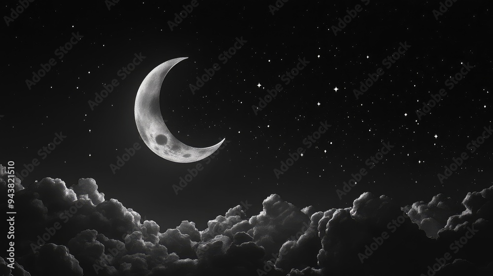 Fototapeta premium Black and white illustration of a night sky featuring a crescent moon in 3D cartoon rendering