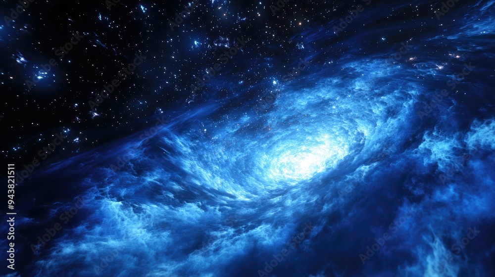 Fototapeta premium Powerful stars shine in a deep space scene with a blue cold nebula dark night sky and dark interstellar space in this 3D cartoon rendering The illustration features a black hole and the galactic c