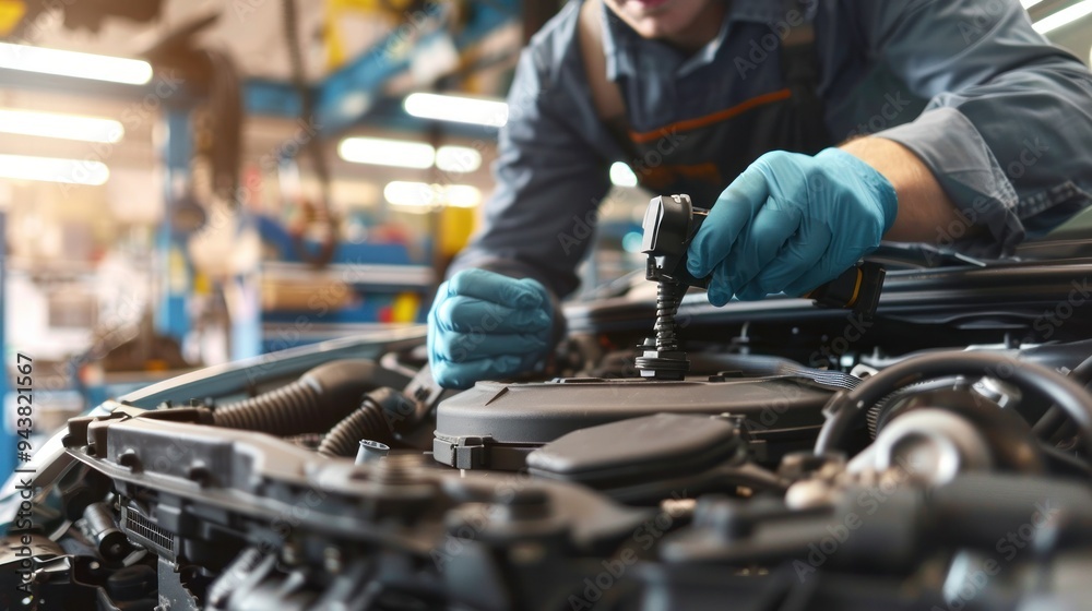 White male mechanic checking and fixing car engine in garage. Concept of car maintenance, auto repair, garage work, engine check, car mechanic at work. White male mechanic checking and fixing car engine in garage. Concept of car maintenance, auto repair, garage work, engine check, car mechanic at work.