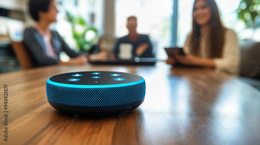 Close-up of a smart speaker with a blue glow, with people in the background discussing and interacting. Close-up of a smart speaker with a blue glow, with people in the background discussing and interacting.