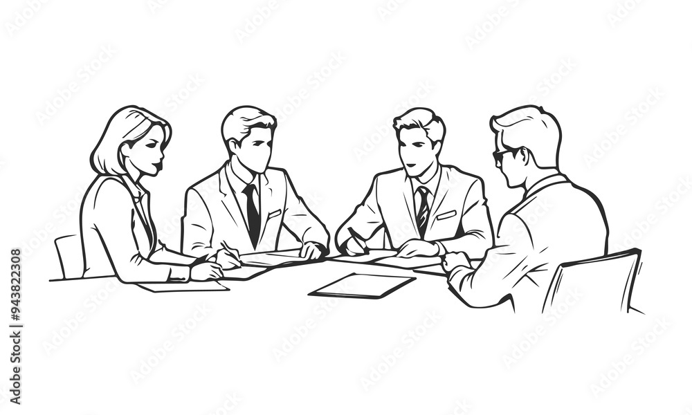 Business Group Meeting Silhouette Line Art Vector Illustration. Abstract Black Sketch Illustration of Businessmen with Laptop for Minimalist Design. Business Group Meeting Silhouette Line Art Vector Illustration. Abstract Black Sketch Illustration of Businessmen with Laptop for Minimalist Design.