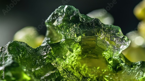 Close-up of moldavite crystal, focusing on its vivid green hues and textured layers. photo