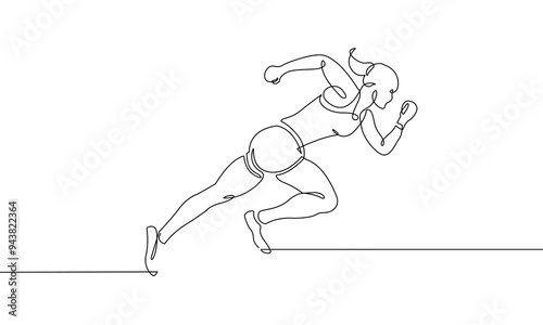 Woman Runner One Line Drawing. Running Abstract Minimal Drawing. Continuous One Line Woman Run Sport Illustration. Modern Trendy Contour Drawing. Vector EPS 10.