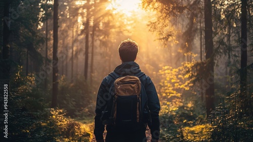 A man is walking through a forest with a backpack on with the sun is shining through the trees