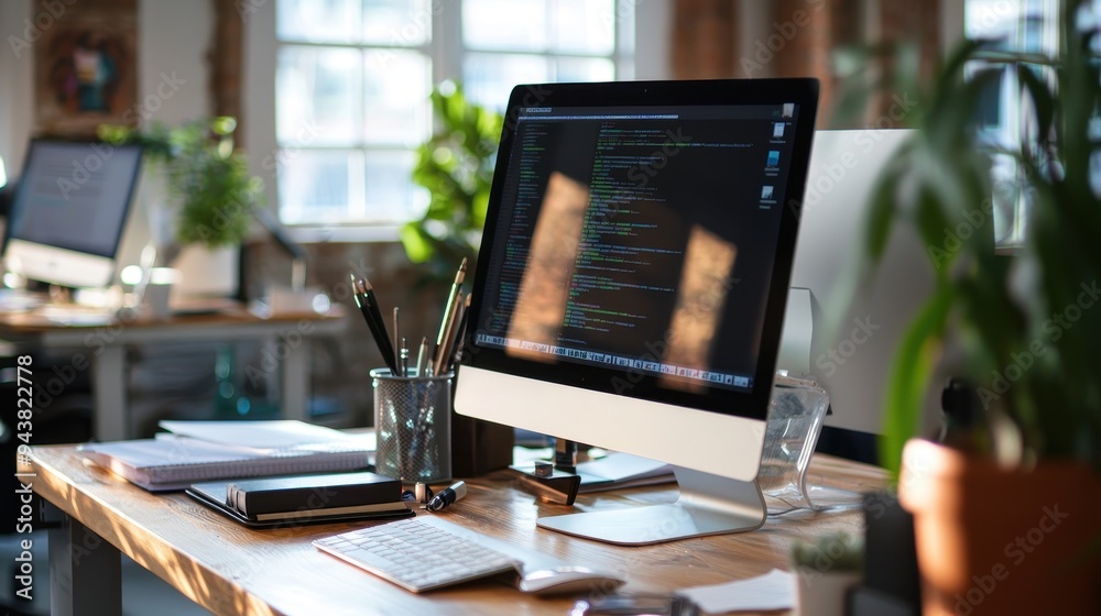 A computer monitor sits on a desk with a potted plant and a keyboard A computer monitor sits on a desk with a potted plant and a keyboard