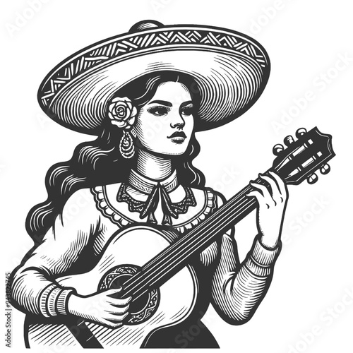 female mariachi musician playing guitar, sombrero and floral dress, Mexican cultural heritage sketch engraving generative ai vector illustration. Scratch board imitation. Black and white image.