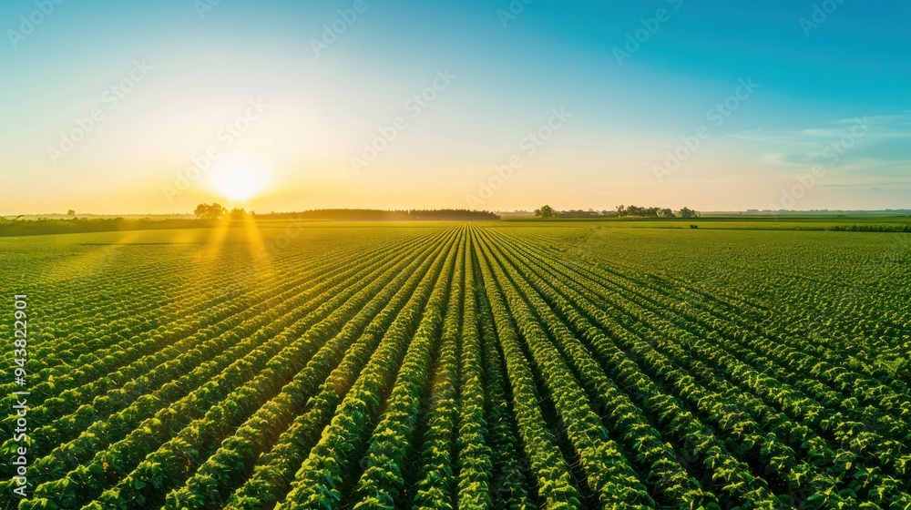 Wonderful landscape from a soy plantation, Aerial high view, early stage soy, higher field on background, spectacular clean blue sky above with sunrising.