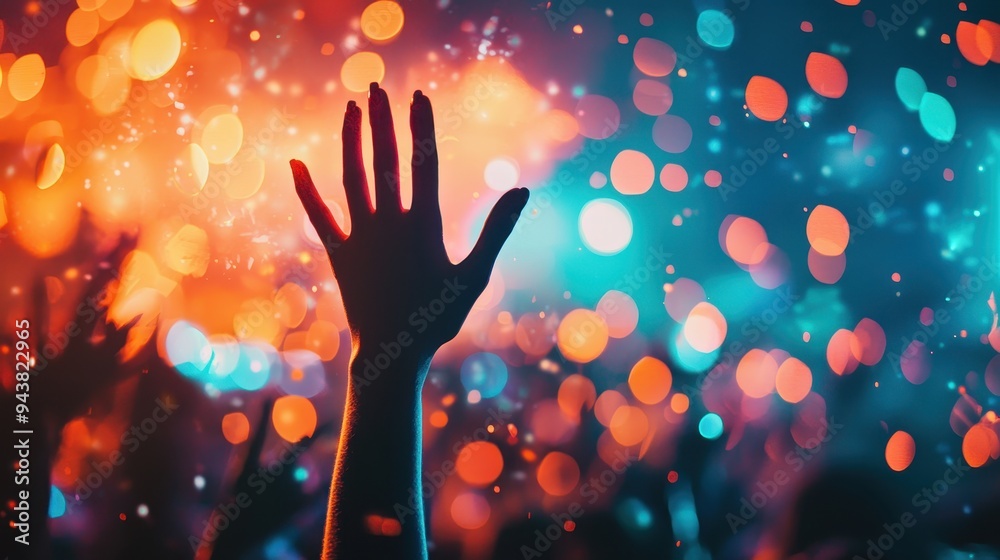 A hand is raised in the air in front of a crowd of people, people are at a concert or a festival. Concept of celebration and excitement A hand is raised in the air in front of a crowd of people, people are at a concert or a festival. Concept of celebration and excitement