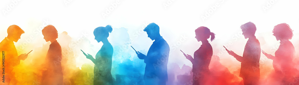Fototapeta premium People with Watercolor Business Partnerships and Smartphones concept as A group of people forming watercolor business partnerships with smartphones set against a dreamy background offering ample space