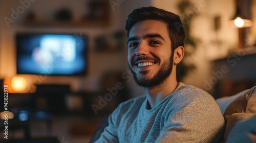 Cheerful young man with beard relaxing at home in the evening, enjoying entertainment on TV. Warm lighting creates cozy atmosphere in living room.