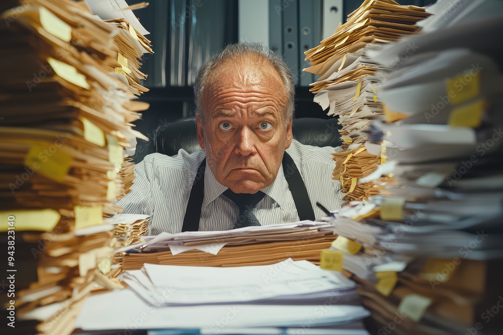 Overwhelmed by Paperwork: A Businessman Faces the Weight of His Responsibilities at His Desk as Stress Overtakes Him. Overwhelmed by Paperwork: A Businessman Faces the Weight of His Responsibilities at His Desk as Stress Overtakes Him.