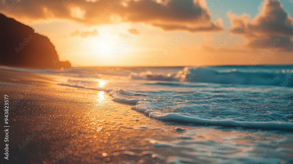 Fototapeta premium The ocean is calm and the sun is setting, creating a beautiful sunshine