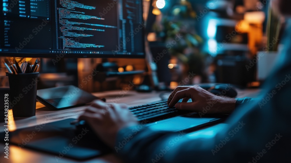 A man is typing on a computer keyboard in a dimly lit room, The room is filled with various objects A man is typing on a computer keyboard in a dimly lit room, The room is filled with various objects