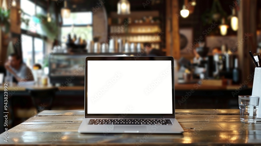 Modern laptop with blank white screen on wooden table in cozy cafe interior, perfect for remote work or studying in a warm, inviting atmosphere.
