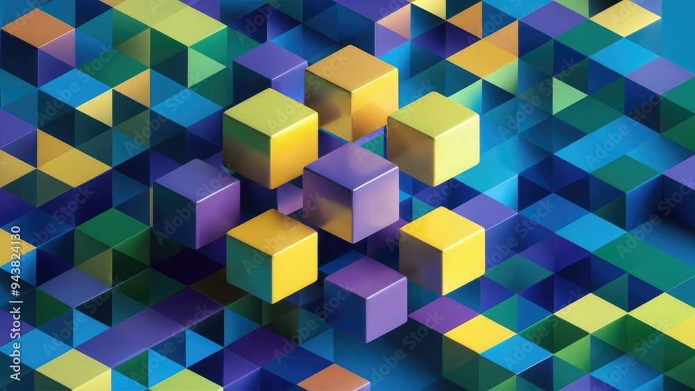 Obraz premium Colorful abstract cubes in varying sizes on a blue background. 3D render of geometric shapes.