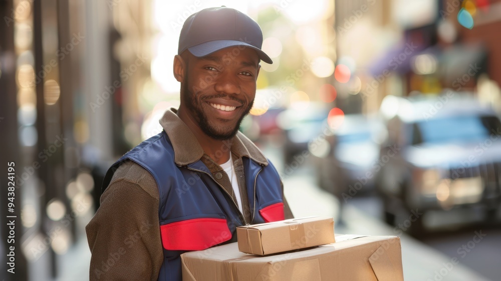 The smiling deliveryman on street The smiling deliveryman on street
