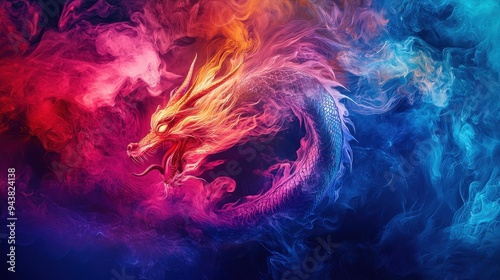 Wallpaper Mural A dragon with a fiery tail is flying through a colorful sky, The vibrant colors of the sky Torontodigital.ca