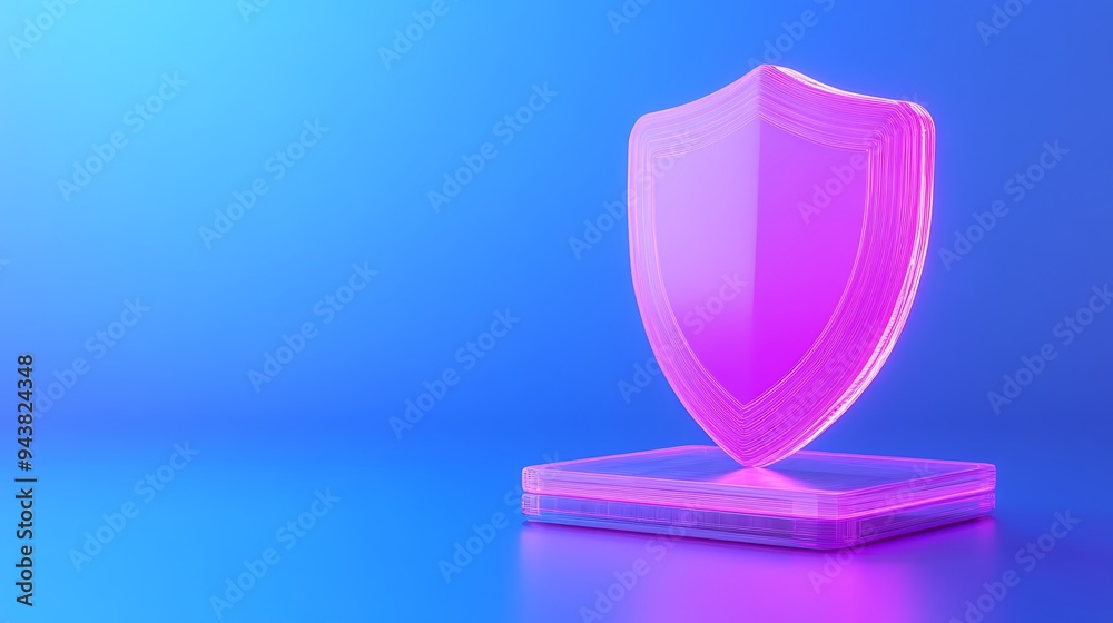 3D pink shield icon on gradient blue background. Represents data security, protection, and antivirus concepts. Vibrant and modern design. 3D pink shield icon on gradient blue background. Represents data security, protection, and antivirus concepts. Vibrant and modern design.