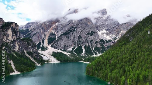 Aerial View of lago di Baries Dolomites Italy