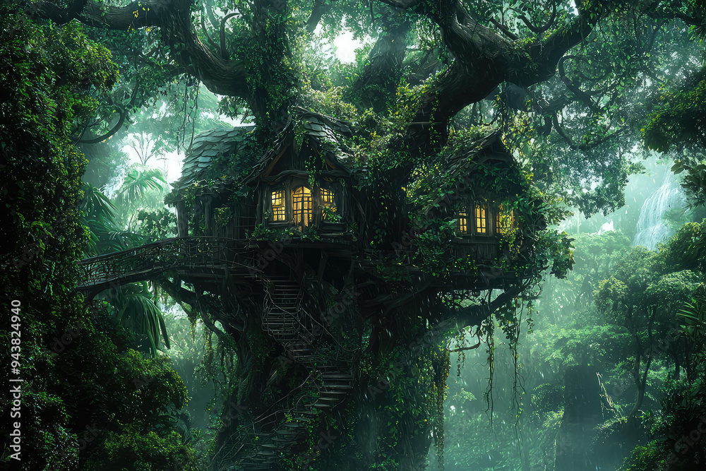 Nestled Amidst Lush Greens, A Fairy Tale Treehouse Captivates With Warm Lights On A Misty Rainforest Evening Adventure. Nestled Amidst Lush Greens, A Fairy Tale Treehouse Captivates With Warm Lights On A Misty Rainforest Evening Adventure.