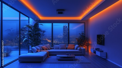 Stylish living room with vibrant LED lighting and a panoramic city view at night.