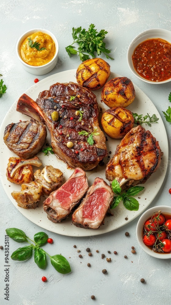 A bountiful selection of grilled meats served with savory sides, perfect for a hearty meal shared among friends or family A bountiful selection of grilled meats served with savory sides, perfect for a hearty meal shared among friends or family