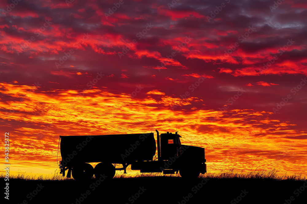 Fototapeta premium A Striking Sunset Silhouette: A Truck Resting Under a Fiery Sky Captured in a Dramatic Display of Nature's Beauty